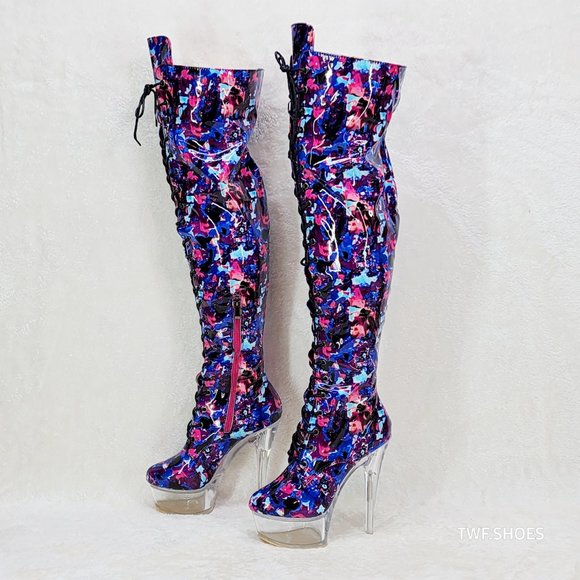 Bulls Cobalt Multi Color Print Patent OTK Clear Platform High Heel Thigh Boots - Picture 2 of 13